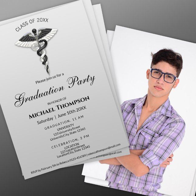 Medical Black White Caduceus Graduation | Photo Invitation (Creator Uploaded)