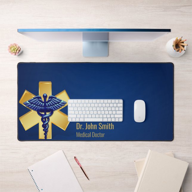Medical Blue 3D Caduceus Gold Cross Desk Mat (Office 1)