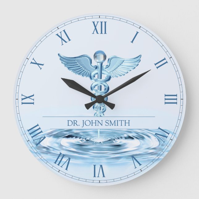 Medical Blue Hermes Rod Caduceus Water Ripples Large Clock (Front)