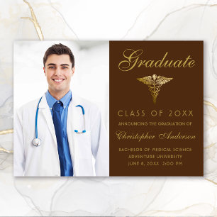 Medical Brown Gold Cadaceus Photo Graduation Announcement