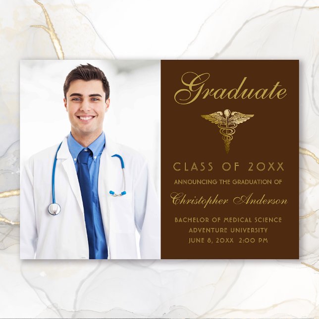 Medical Brown Gold Caduceus Photo Graduation Announcement (Medical Browjn Gold Caduceus Photo Graduation Announcement)