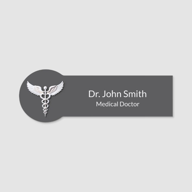 Medical Caduceus Clean White Detailed Anthracite Name Tag (Front)