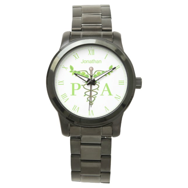 Medical Caduceus Green Leaves Physician Assistant Watch (Front)