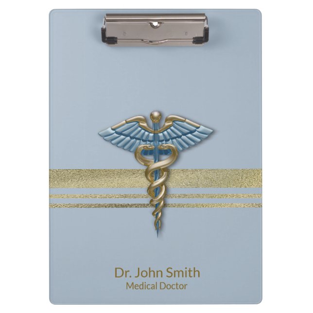 Medical Caduceus Light Blue Faux Gold Foil Stripes Clipboard (Front)