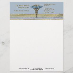 Medical Caduceus Light Blue Faux Gold Foil Stripes Custom Letterhead