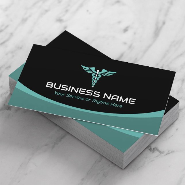 Medical Caduceus Logo Health Care Modern Teal Business Card (Creator Uploaded)