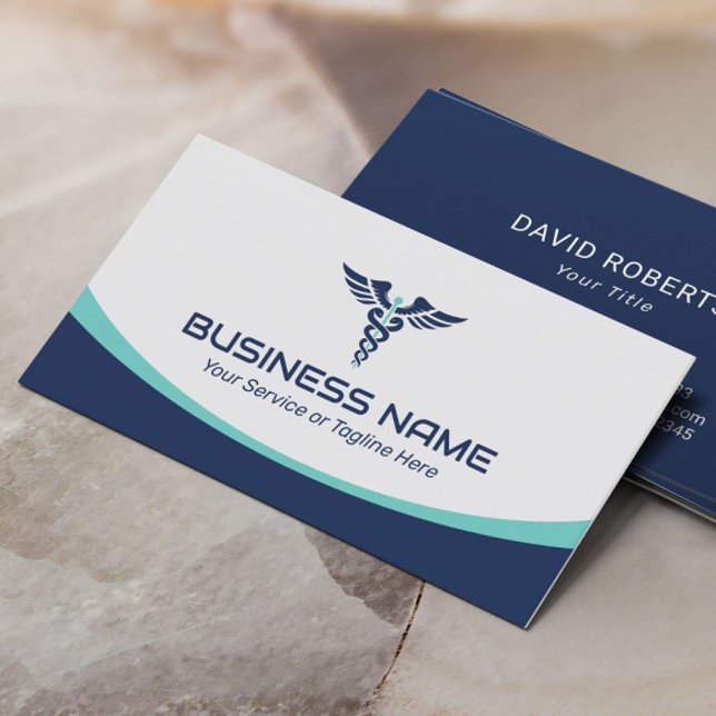 Medical Caduceus Logo Health Care Navy Blue Business Card (Creator Uploaded)