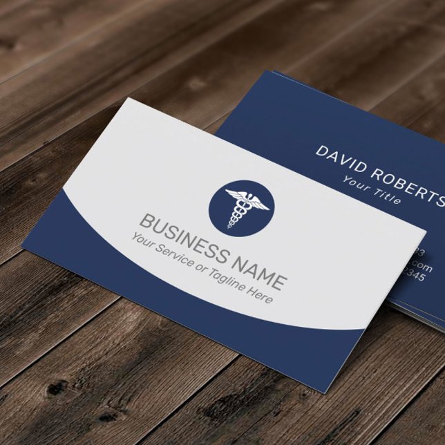 Medical Caduceus Logo Professional Navy Blue Business Card (Creator Uploaded)