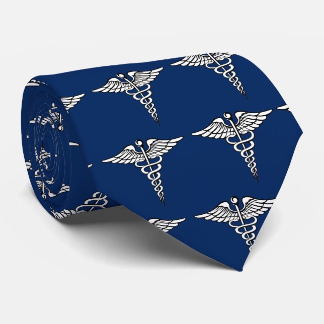 Medical Caduceus Patterned Navy Tie (Rolled)