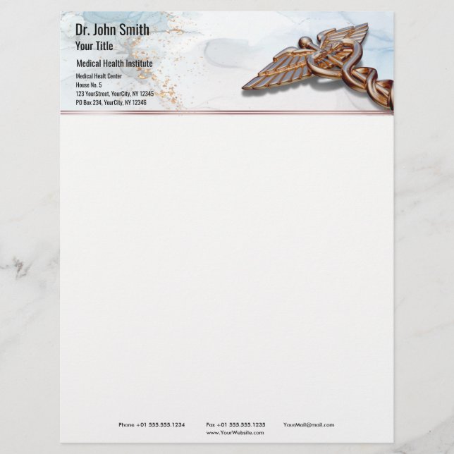 Medical Caduceus Rose Gold Luxury Marble Copper Custom Letterhead (Front)