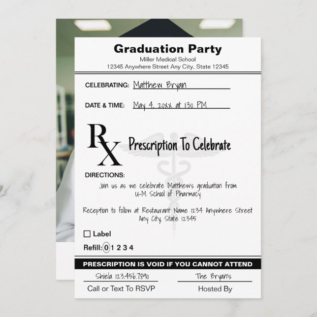 Medical Caduceus Rx Prescription Pad Graduation  Invitation (Front/Back)