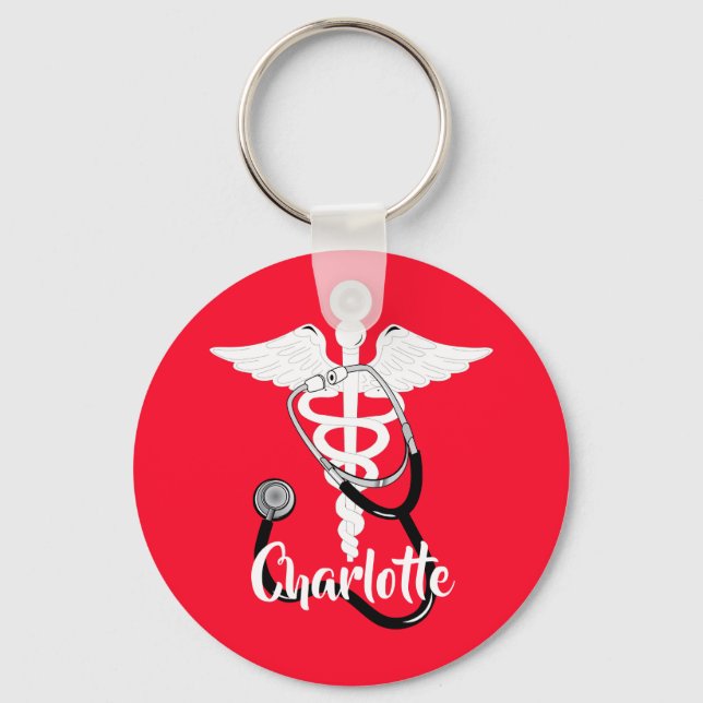 Medical Caduceus Staff Symbol Personalized Key Ring (Front)
