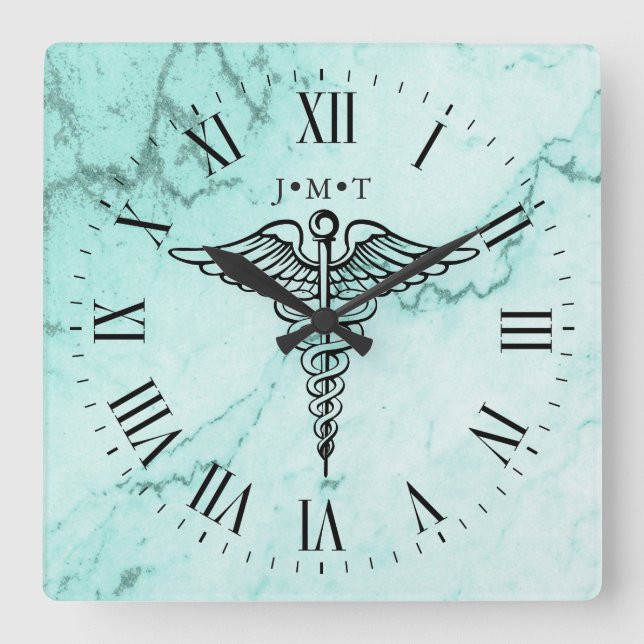 Medical Caduceus Symbol Custom Initials Marble Square Wall Clock (Front)