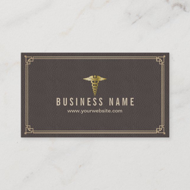 Medical Classic Gold Frame Brown Leather Business Card (Front)