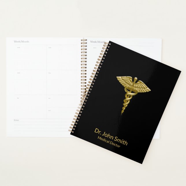 Medical Classy Gold Caduceus on Black Planner (Display)