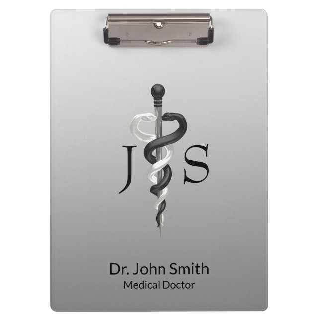 Medical Classy Noble Elegant Black White Asclepius Clipboard (Front)
