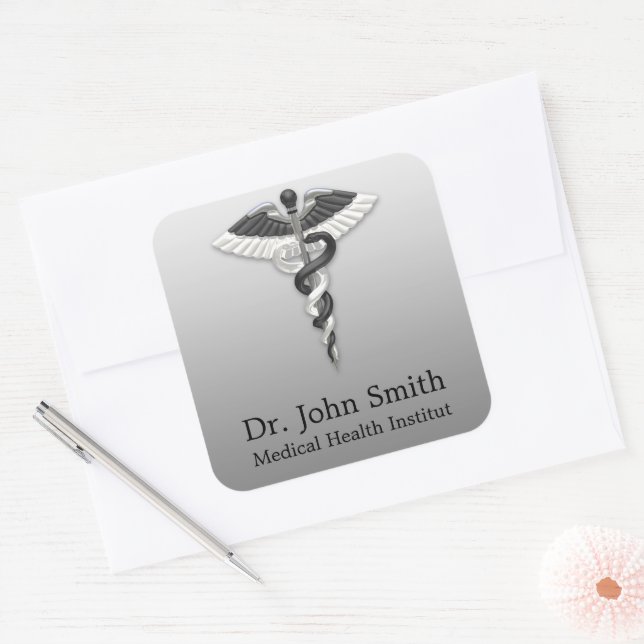 Medical Classy Noble Elegant Black White Caduceus Square Sticker (Envelope)