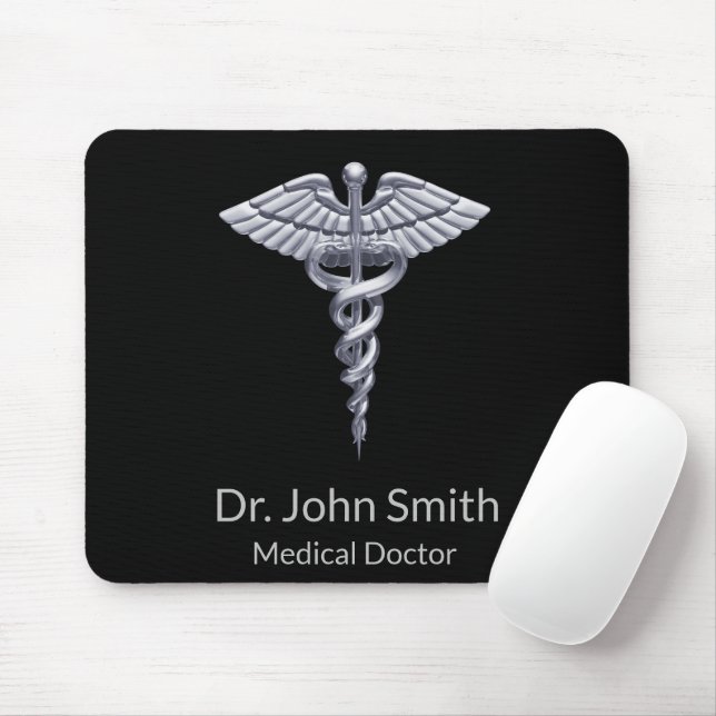 Medical Classy Silver Caduceus on Black Mouse Mat (With Mouse)