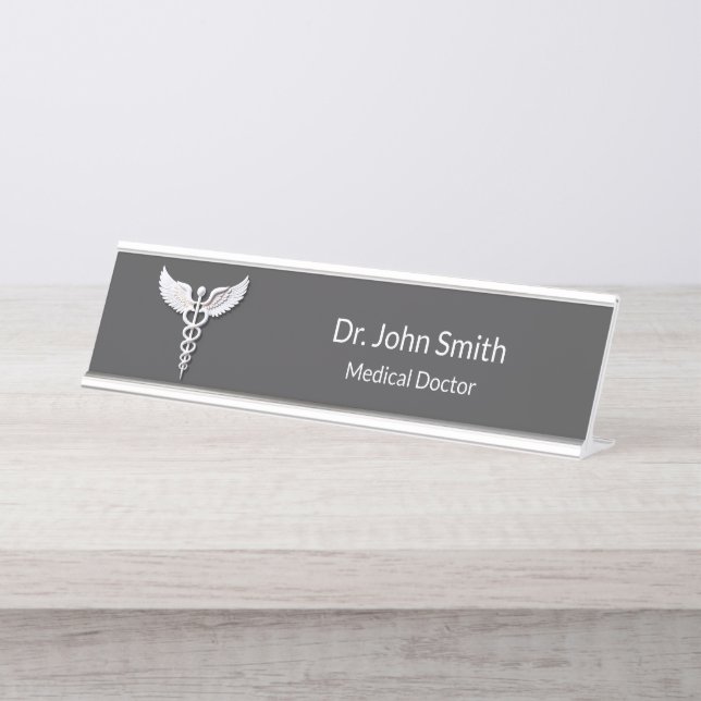 Medical Clean White Detailed Caduceus Anthracite Desk Name Plate (Front)
