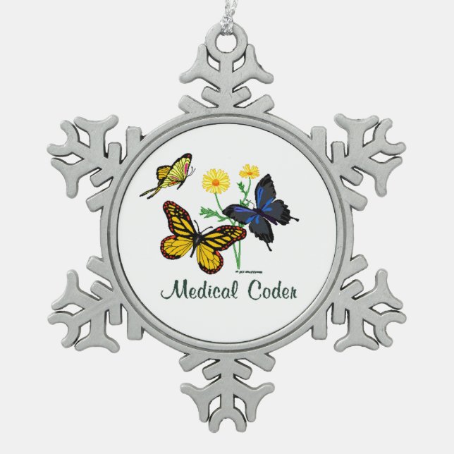 Medical Coder Butterflies Snowflake Pewter Christmas Ornament (Front)