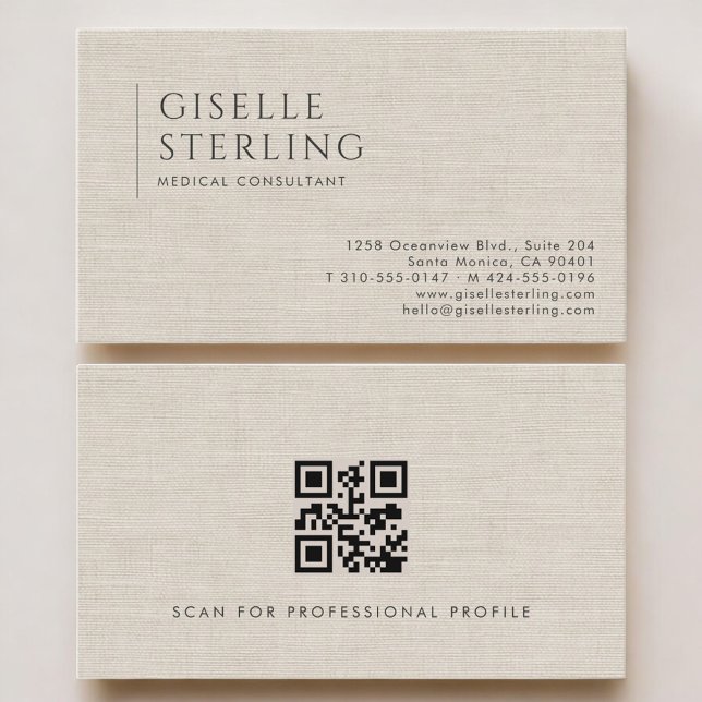Medical Consultant Neutral Linen QR Code Business Card (Creator Uploaded)