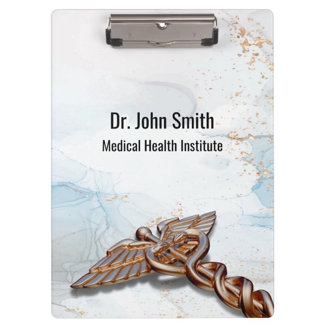 Medical Copper Caduceus Rose Gold Luxury Marble Clipboard (Front)
