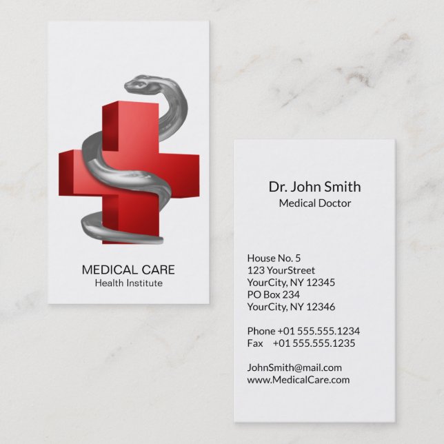  Medical Cross Red Symbol Silver Serpent Snake Business Card (Front/Back)