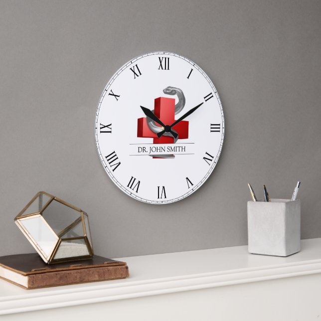 Medical Cross Red Symbol Silver Serpent Snake Large Clock (Office)