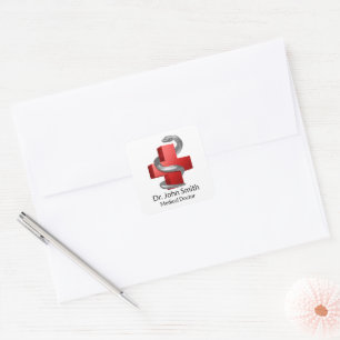 Medical Cross Red Symbol Silver Serpent Snake Square Sticker