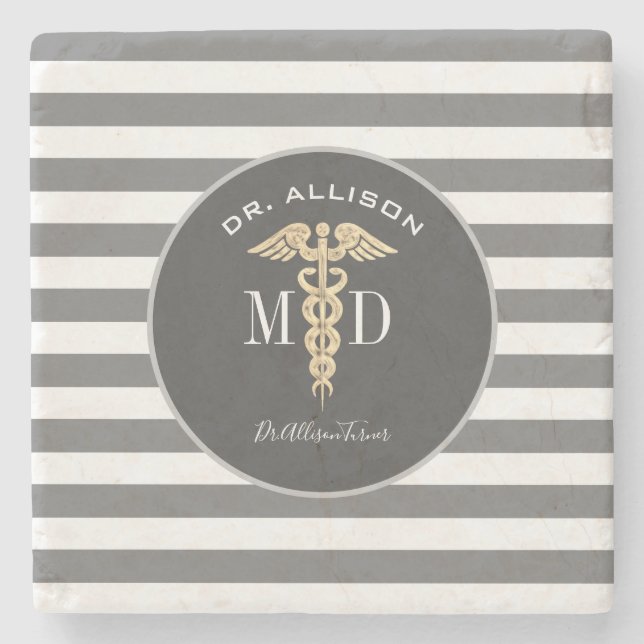 Medical Doctor Caduceus Grey Personalised Stone Coaster (Front)
