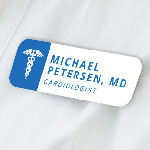 Medical doctor caduceus logo blue name tag