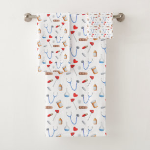 Medical Doctor Equipment Patterned Bath Towel Set