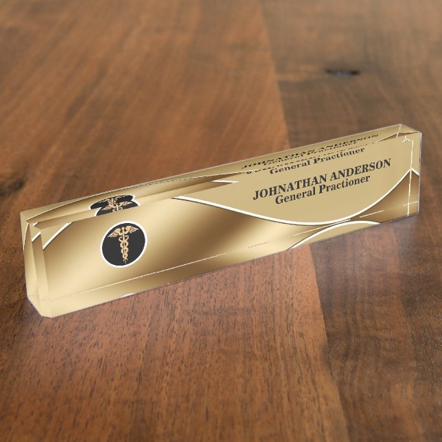 Medical doctor healthcare faux gold caduceus nameplate (Side)