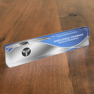 Medical doctor healthcare silver caduceus blue nameplate