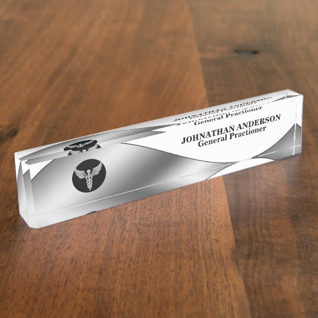 Medical doctor healthcare silver caduceus on black nameplate (Side)
