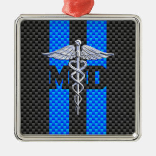 Medical Doctor MD Caduceus Carbon Fiber Stripes Metal Tree Decoration
