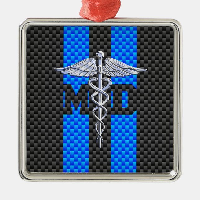 Medical Doctor MD Caduceus Carbon Fiber Stripes Metal Tree Decoration (Front)