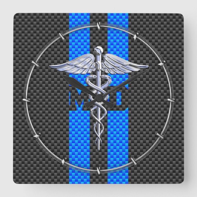 Medical Doctor MD Caduceus Carbon Fiber Stripes Square Wall Clock (Front)