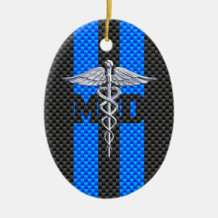 Medical Doctor MD Caduceus Carbon Fibre Stripes Ceramic Tree Decoration