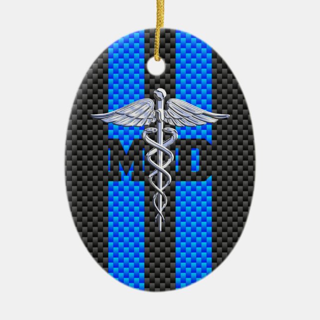Medical Doctor MD Caduceus Carbon Fibre Stripes Ceramic Tree Decoration (Front)