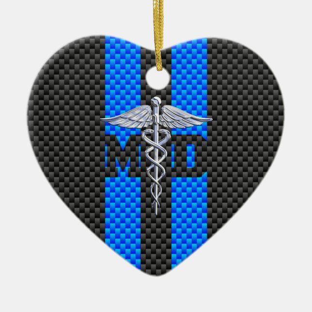 Medical Doctor MD Caduceus Carbon Fibre Stripes Ceramic Tree Decoration (Front)