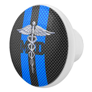 Medical Doctor MD Caduceus on Blue Stripes Ceramic Knob