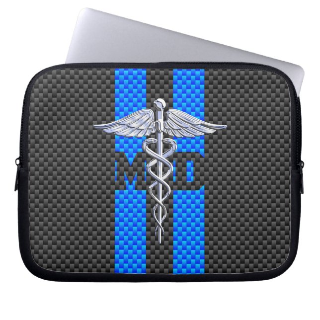 Medical Doctor MD Caduceus on Blue Stripes Laptop Sleeve (Front)