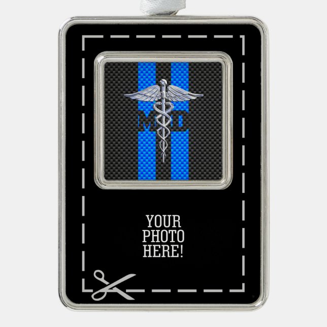 Medical Doctor MD Caduceus on Blue Stripes Silver Plated Framed Ornament (Front)