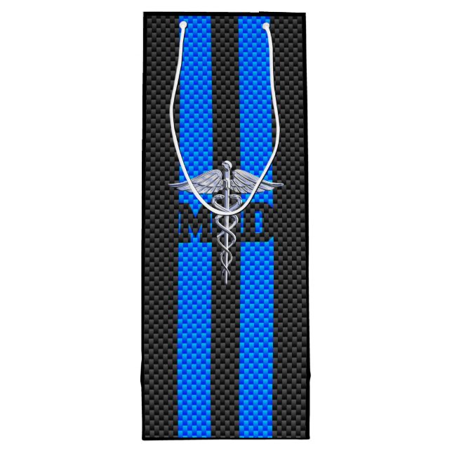 Medical Doctor MD Caduceus on Blue Stripes Wine Gift Bag (Back)