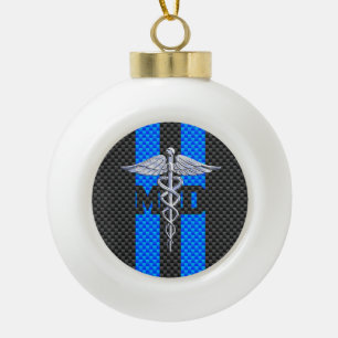 Medical Doctor MD Caduceus on Carbon Fibre Style Ceramic Ball Christmas Ornament