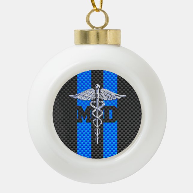 Medical Doctor MD Caduceus on Carbon Fibre Style Ceramic Ball Christmas Ornament (Front)