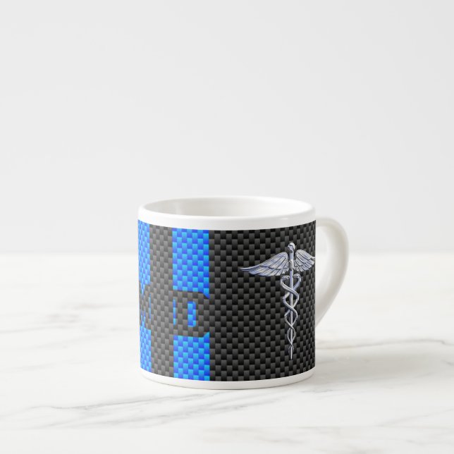Medical Doctor MD Caduceus on Carbon Fibre Style Espresso Cup (Front Right)