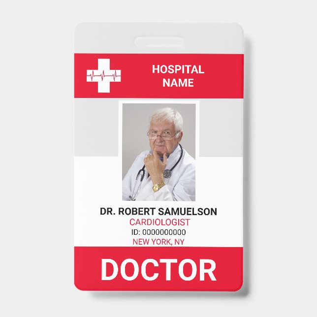 MEDICAL DOCTOR NURSE Health Care Red PHOTO ID Badge (Front)