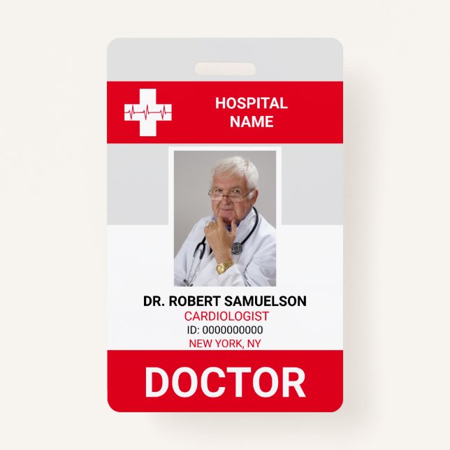 MEDICAL DOCTOR NURSE Health Care Red PHOTO ID Badge (Front)